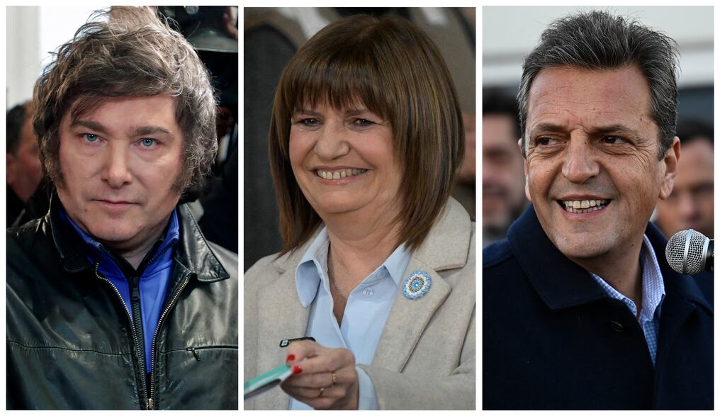 Javier Milei, Patricia Bullrich y Sergio Massa, además de Juan Schiaretti y Myriam Bregman, son los principales candidatos presidenciales en Argentina. Foto: AFP