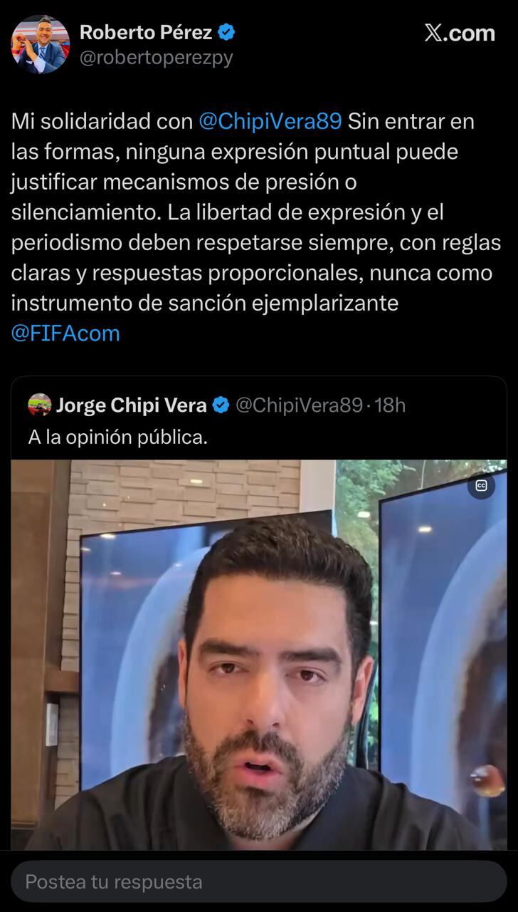 Captura del mensaje de Roberto Perez a Chipi Vera.
