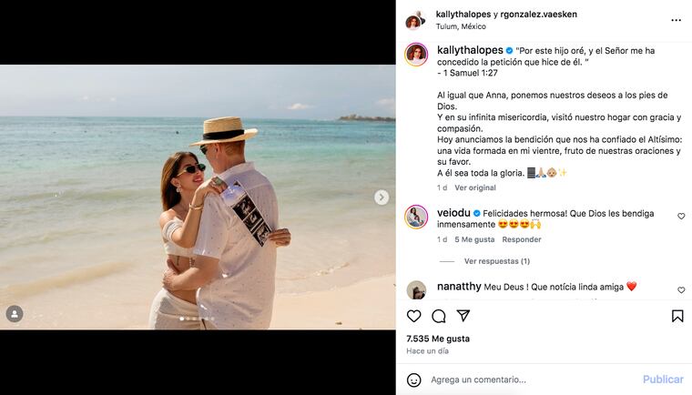 Captura del post de Roberto González Vaesken y Kallytha Lopes, anunciando la próxima llegada de su bebé.