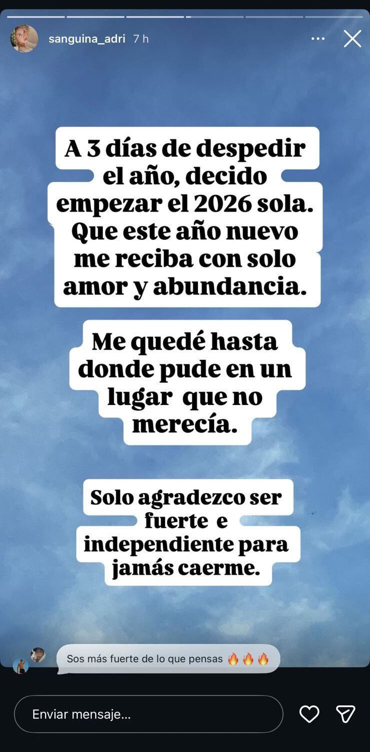 Captura de la historia de Adriana Sanguina, aseverando que está separada.