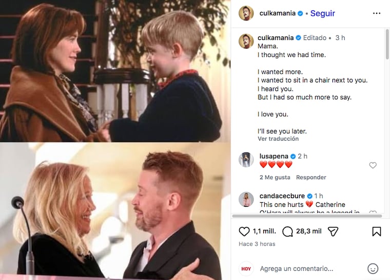 Captura del post de Macaulay Culkin despidiendo a Catherine O'Hara.