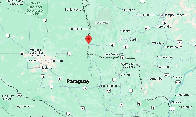 El puente a través del cual el Corredor Bioceánico unirá los océanos Atlántico y Pacífico se encuentra sobre el río Paraguay, entre las ciudades de Carmelo Peralta (Paraguay) y Puerto Murtinho (Brasil). Foto: Captura de pantalla