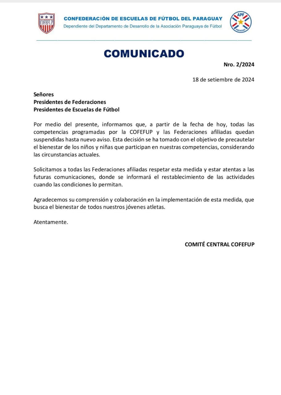 Comunicado emitido por la Confederación Paraguaya de Escuelas de Fútbol. Foto: Gentileza