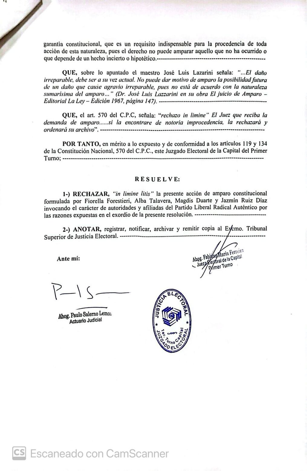 Resolución del Juzgado Electoral de Capital. Foto: Gentileza