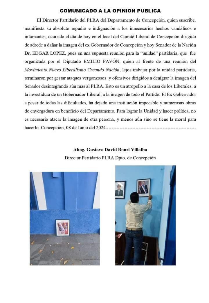 Comunicado de repudio emitido por el director partidario del Partido Liberal Radical Auténtico (PLRA), de Concepción, Gustavo David Bonzi Villalba. Foto: Gentileza 