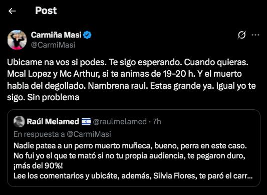 Carmiña Masi desafío a Raúl Melamed a enfrentarse en vivo.