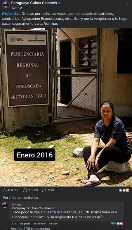 Captura del post de Payo Cubas, dedicado a Yolanda Paredes.