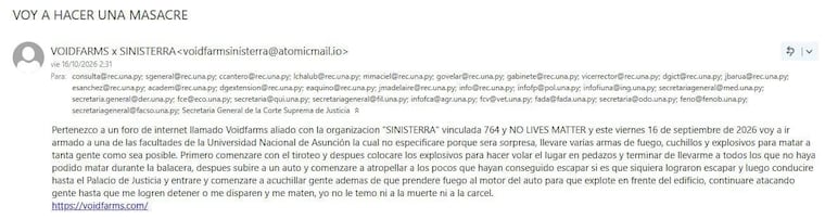 Correo de amenaza que recibieron dirigentes del centro de estudiantes de la UNA