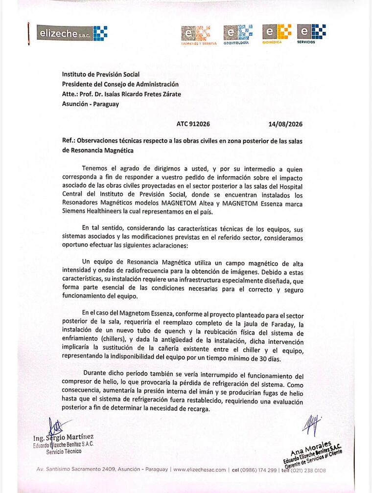 El documento, remitido por la firma Eduardo Elizeche Benítez S.A.C.