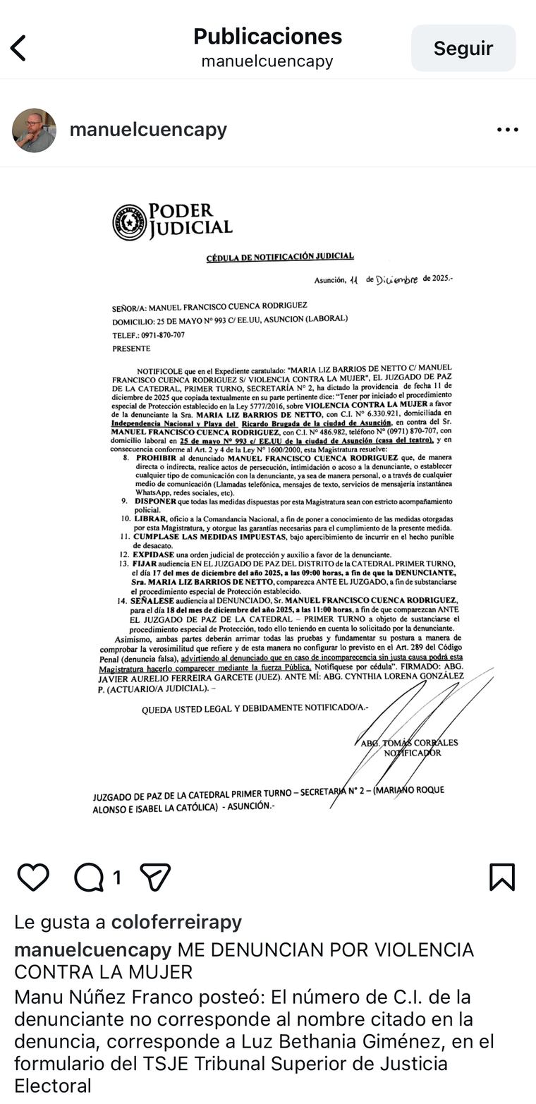 Captura de post de Manuel Cuenca  difundiendo denuncia de María Liz Barrios.