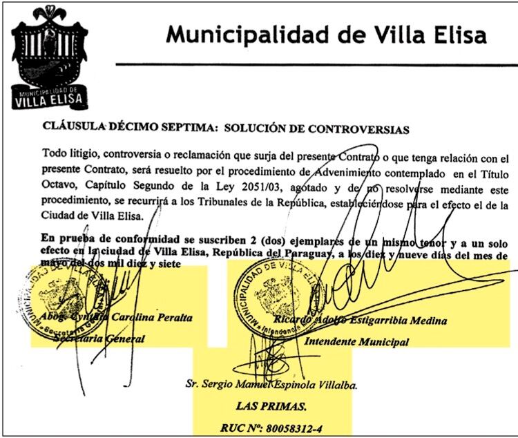 Exintendente Ricardo Estigarribia adjudicó obras a empresa que operaba en propiedad de Líder Amarilla y que tenía como uno de los representantes a Sergio Espínola, exjornalero de Villa Elisa que funge de vicepresidente en Terranova, según documentos presentados por denunciante