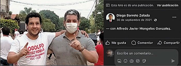 Diego Barreto, que percibió honorarios de G. 6,1 millones en proyecto del Sinafocal con el CIRD, abrazado
con Alfredo Mongelós, titular del Sinafocal, en campaña política del hijo del exconsejero del IPS