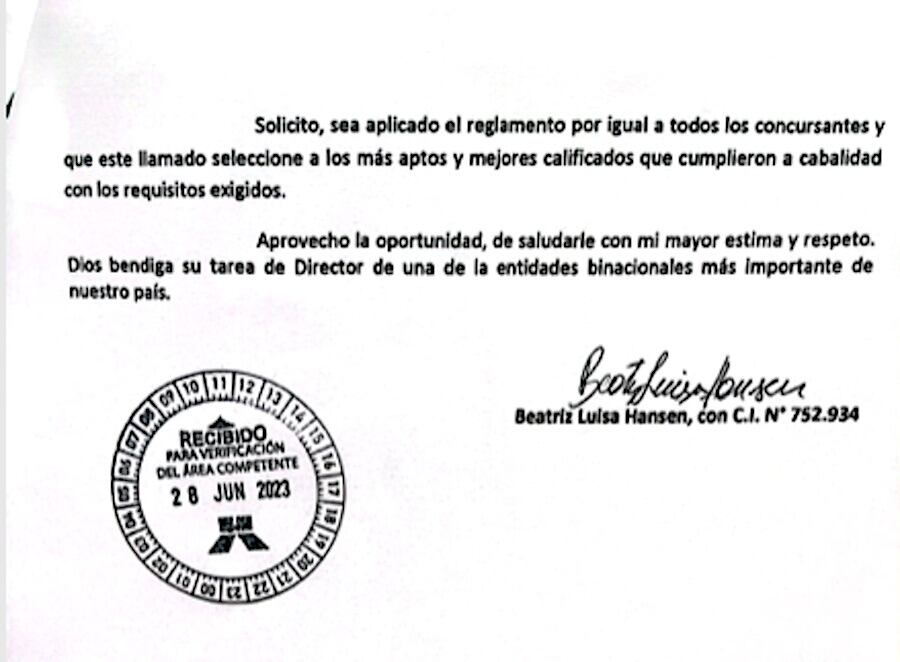 Nota de reclamo del caso Martín Arza en la que se pide cumplimiento de los requerimientos para la selección de los más aptos