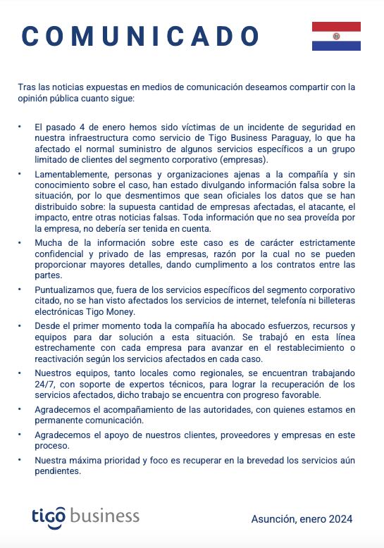 Comunicado de Tigo.