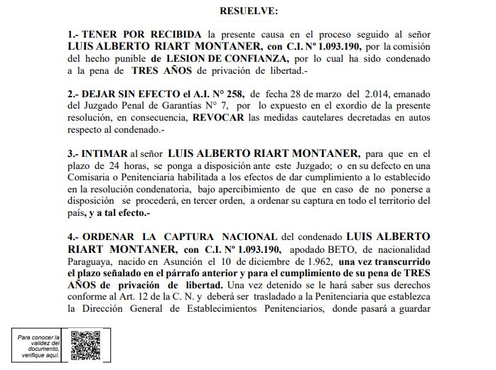 Parte de la resolución emitida sobre Luis Riart. Foto: Gentileza