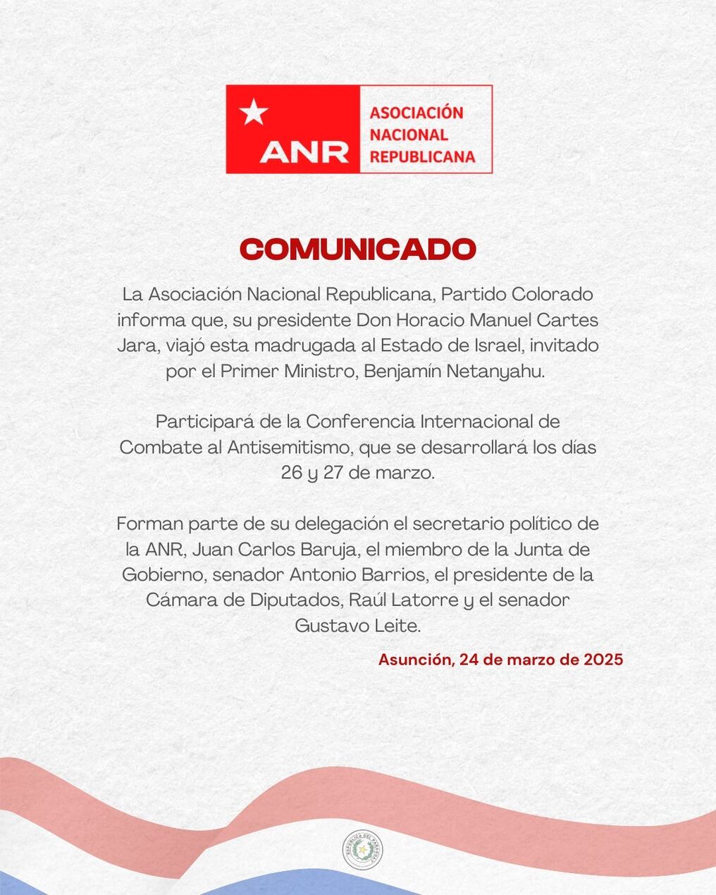 Comunicado de la ANR sobre el viaje del presidente de la Junta de Gobierno, Horacio Cartes. Foto: Gentileza