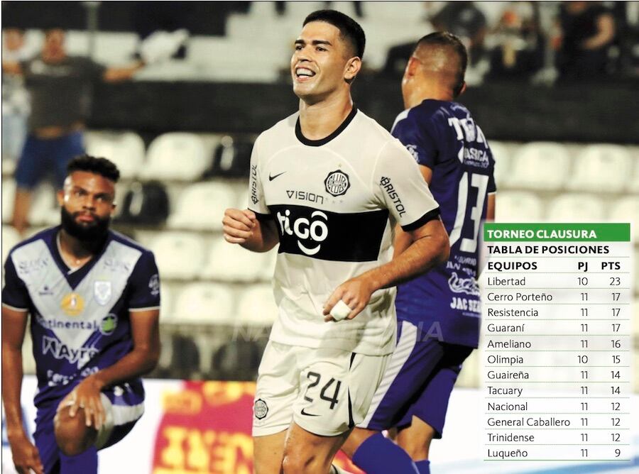 Brian Montenegro festeja sonriente su primer gol ante la desazón de los defensores de Ameliano. Olimpia repunta en el Clausura.FOTO:NÉSTOR SOTO
