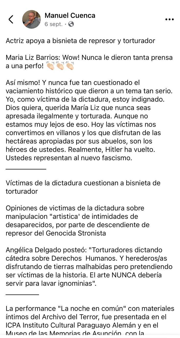 Captura de post de Manuel Cuenca contra Alegría González y María Liz Barrios.
