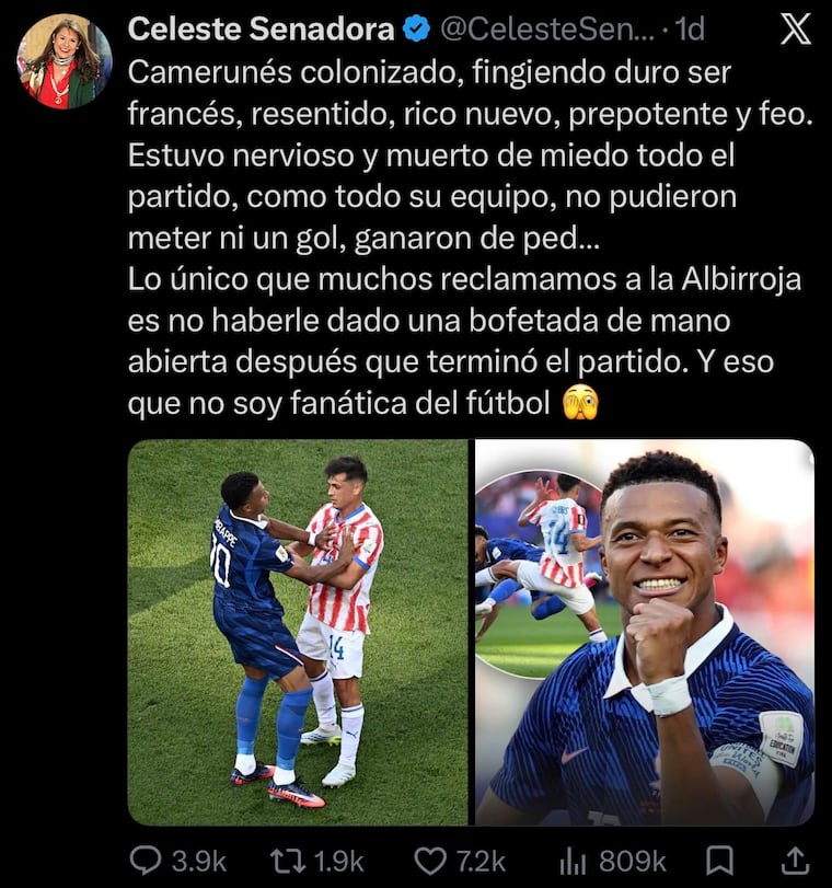 Expresiones de Celeste Amarilla contra Kylian Mbappé