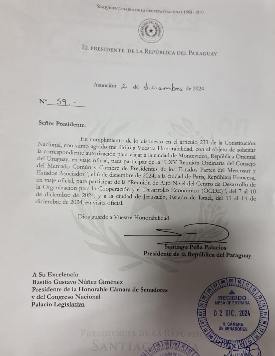 Nota remitida por el presidente de la República, Santiago Peña, al Congreso Nacional. Foto: Gentileza