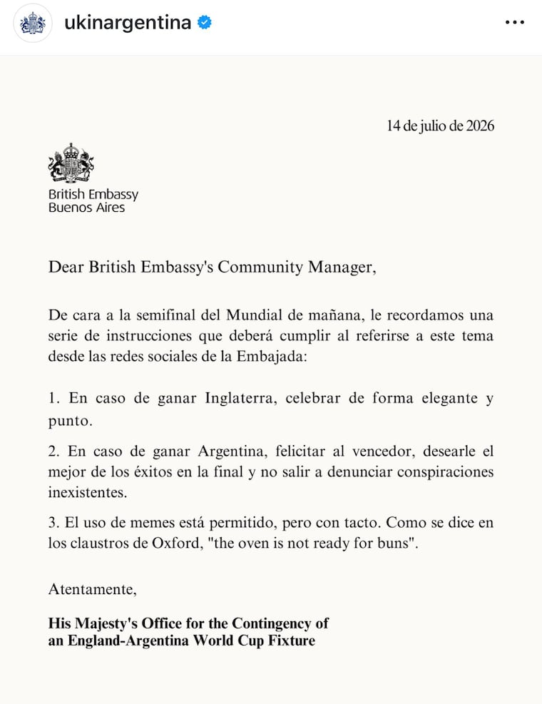 Embajada británica en Argentina apela al humor antes de las semis contra Inglaterra