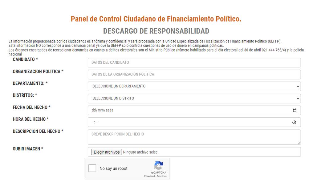 Portal web habilitado para el acceso ciudadano de financiamiento político. Foto: Captura de pantalla