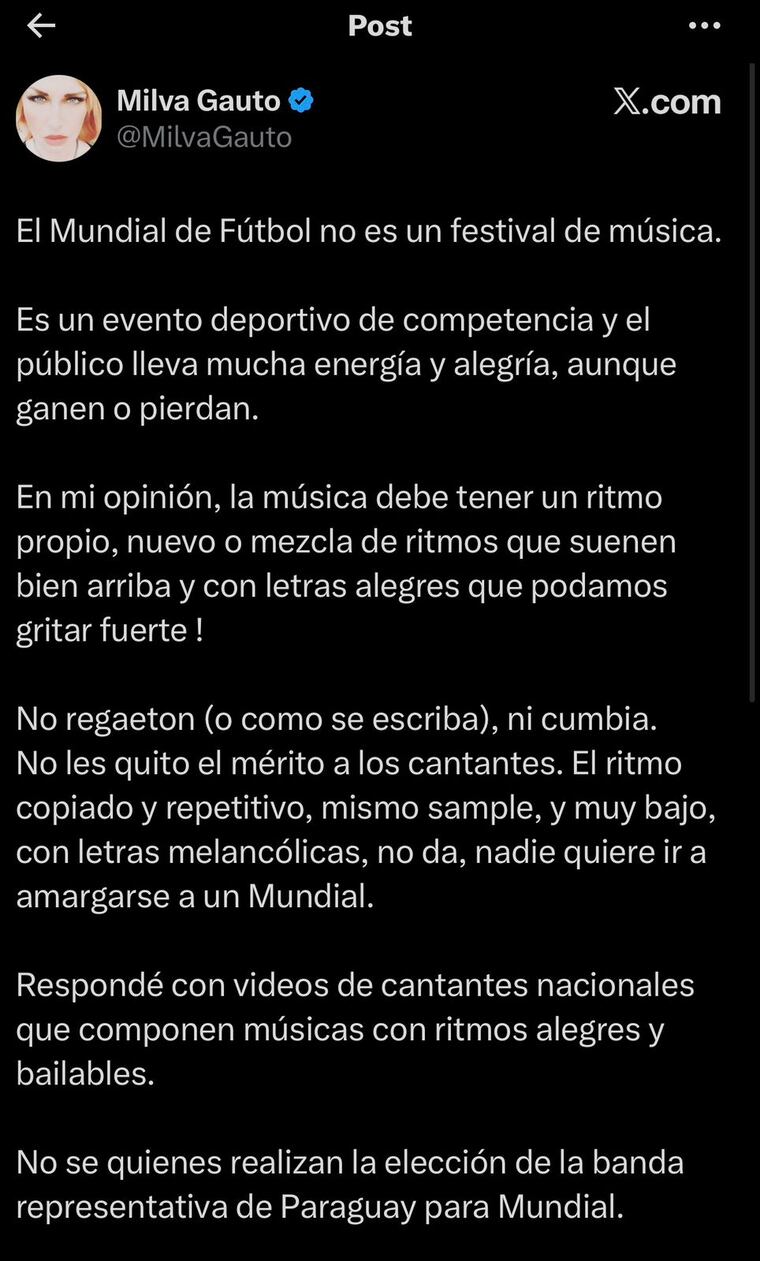 Milva Gauto opinó sobre representación musical en el Mundial 2026.