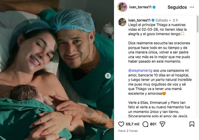 Captura del post de Iván Torres, presentando a su hijo, Thiago.