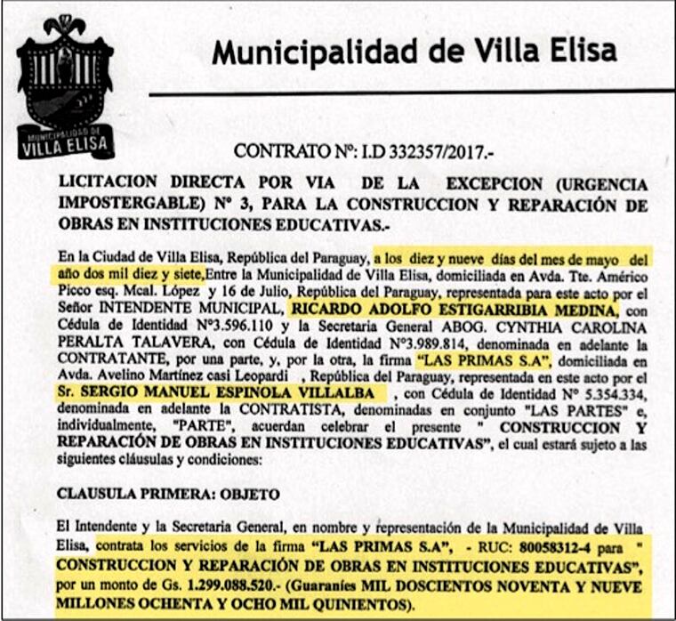 Contrato adjudicado por el exintendente Ricardo Adolfo Estigarribia, actual gobernador de Central, a empresa Las Primas SA que funcionaba
en propiedad de Líder Amarilla, representada por Sergio Manuel Espínola Estigarribia, jornalero durante su administración que en esos tiempos percibía G. 1,8 millones de sueldo