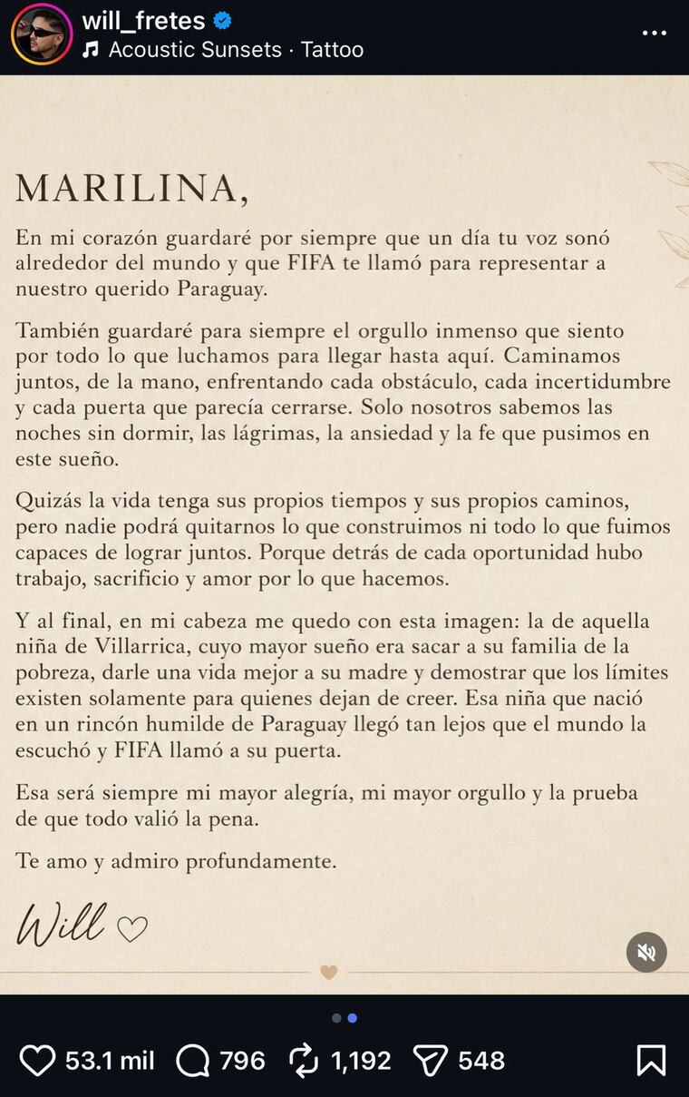 La dedicatoria de Will a Marilina, tras confirmar su no participación en el mundial 2026.