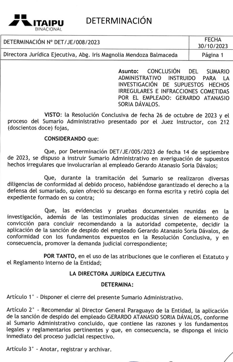 Resolución final emitida por la Dirección Jurídica Ejecutiva de la entidad binacional Itaipú. Foto: Gentileza 