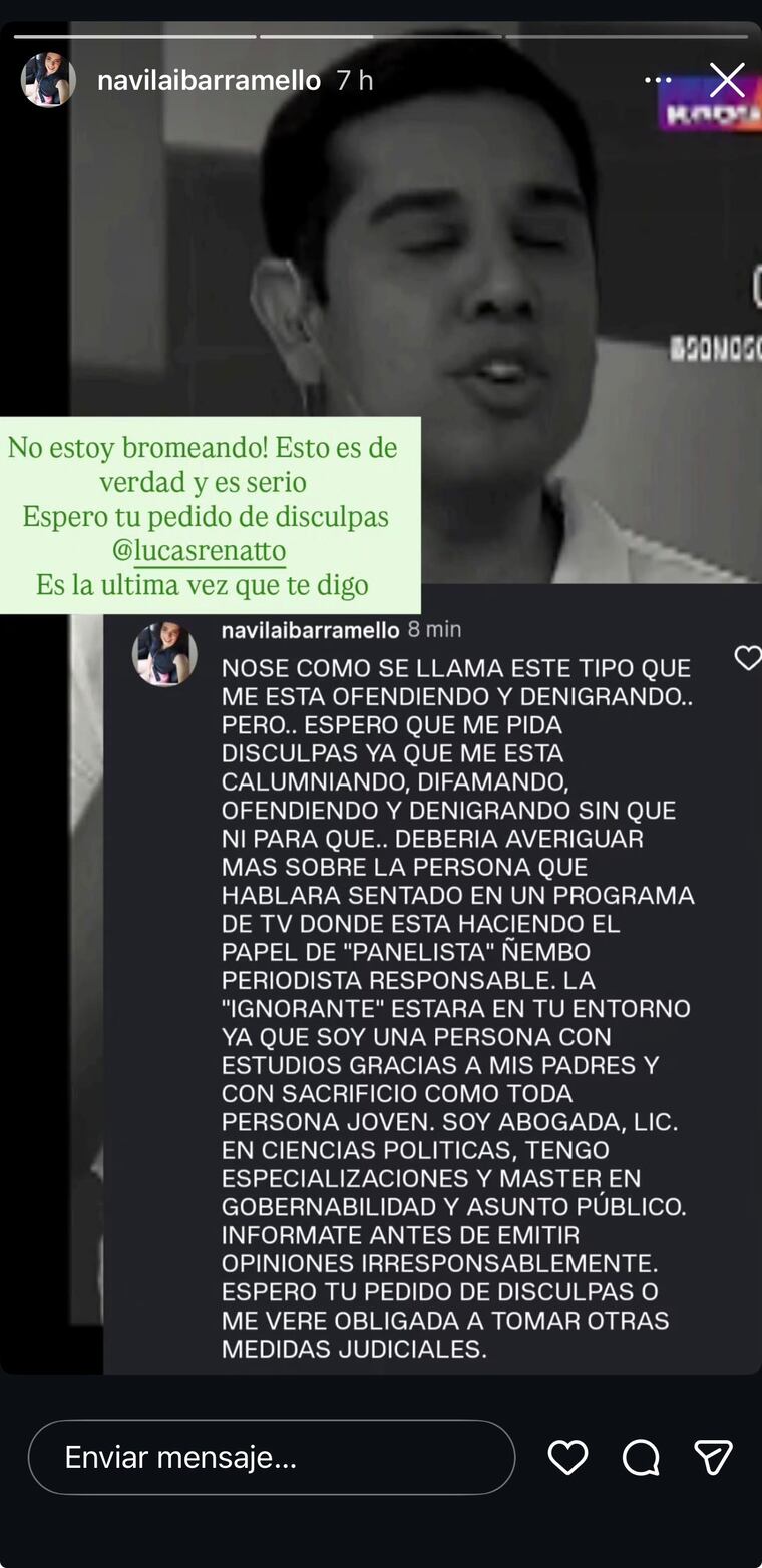 Captura de historia de Navila Ibarra, exigiendo disculpas a Lucas Renatto.