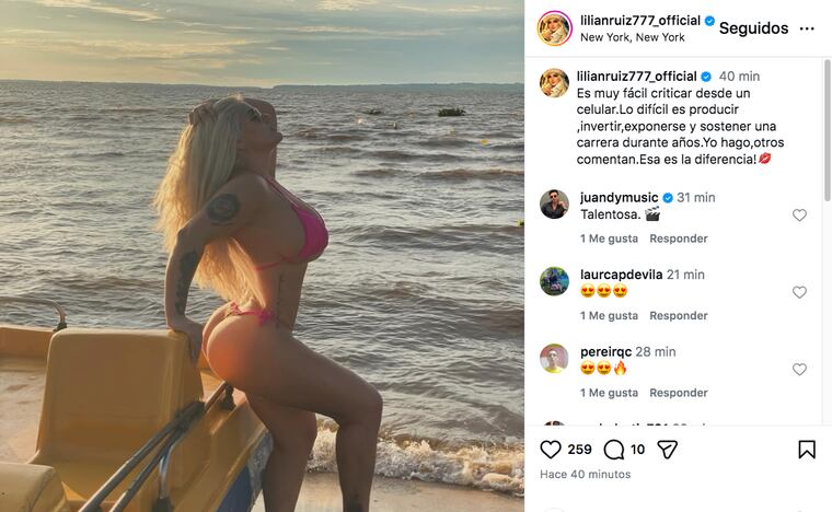 Captura del post de Lilian Ruíz, defendiendo su carrera.