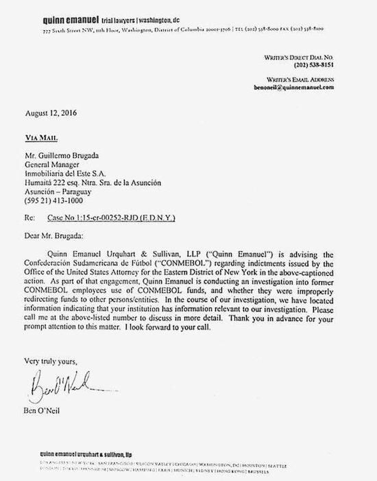 Nota de Quinn Emanuel, abogado norteamericano que colabora con la justicia de ese país remitida al gerente general de Inmobiliaria del Este, Guillermo Brugada, en la que solicita informes sobre los bienes de Leoz. La justicia de los EEUU no tuvo retorno.