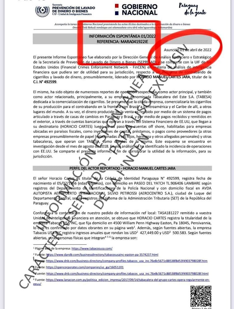 Esta fecha es clave, 1 de abril de 2022, tres meses antes de las designaciones, la Seprelad remite a FinCEN (oficina del Tesoro de EE. UU.) copia del “informe espontáneo” generado por la institución con informaciones parciales y fraguadas