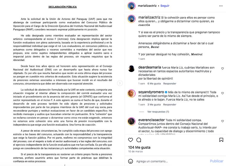 Captura del post de María Liz Barrios en Instagram.