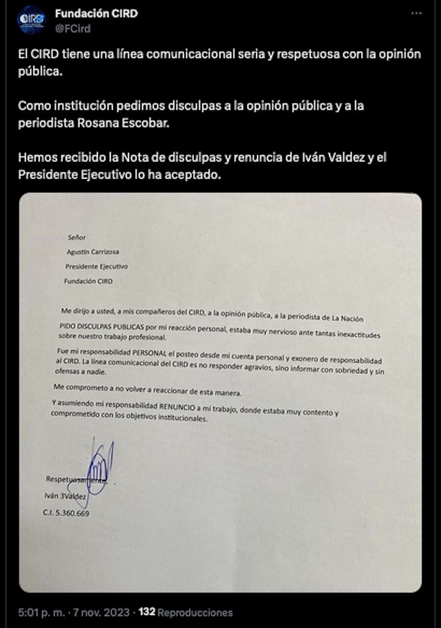 Posteo del CIRD, avisando la renuncia de su comunicador Iván Valdez
