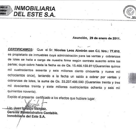 Inmobiliaria del Este certifica que loteó varios inmuebles de Leoz. Parte de la documentación ya obra en la Fiscalía.