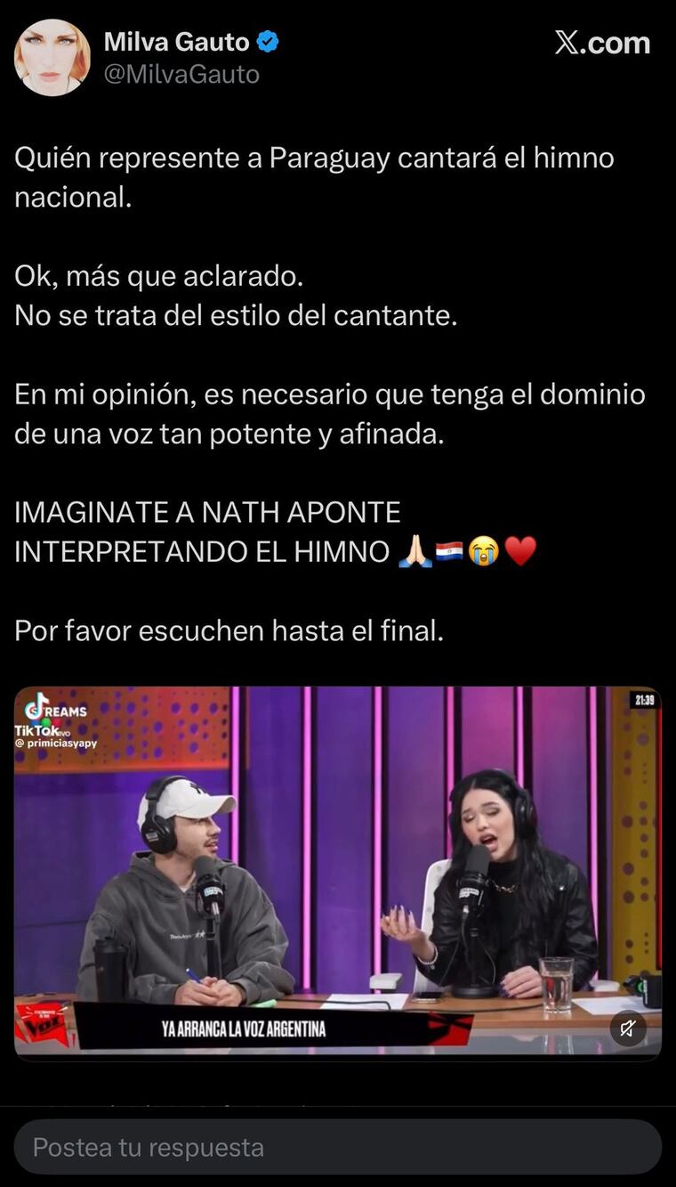 Milva Gauto propone a Nath Aponte como artista representante de Paraguay en el Mundial 2026