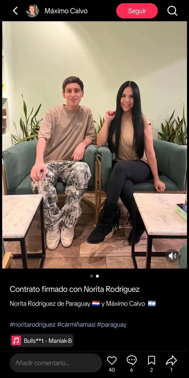 Máximo Calvo posteó hace poco en Instagram, una foto junto a Norita Rodríguez, afirmando que firmó contrato con ella.