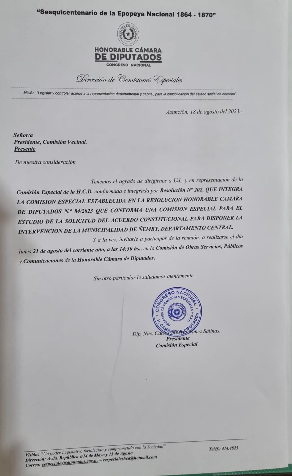 Convocatoria de la Cámara de Diputados a las comisiones vecinales. Foto: Gentileza