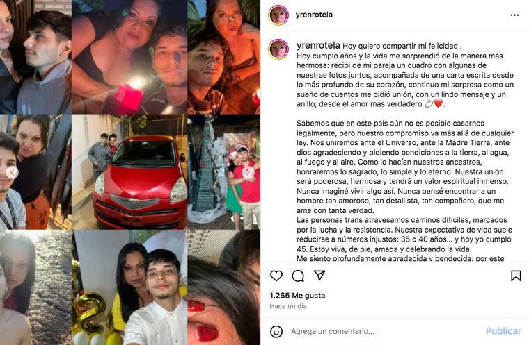 Captura del post de Yren Rotela, compartiendo el regalo de su pareja.