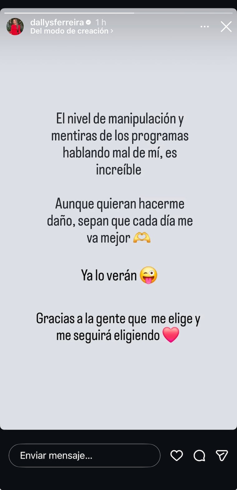Captura de historia en Instagram de Dallys Ferreira, dirigiéndose a programas que mienten sobre ella.