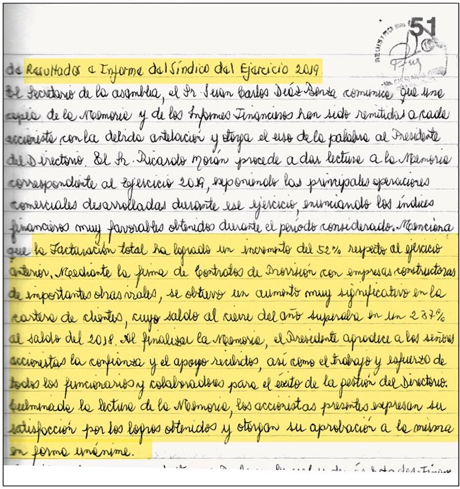 “Contratos de provisión con empresas constructoras de importantes obras viales” incrementaron facturaciones
de la empresa de Mario Abdo Benítez, Createc SA, al año de asumir la Presidencia de la República,
según consta en acta de asamblea