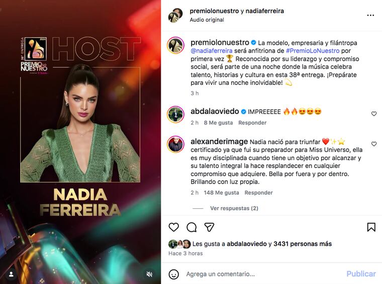Captura del post de anuncio de Nadia Ferreira como una de las presentadoras de los Premios Lo Nuestro.