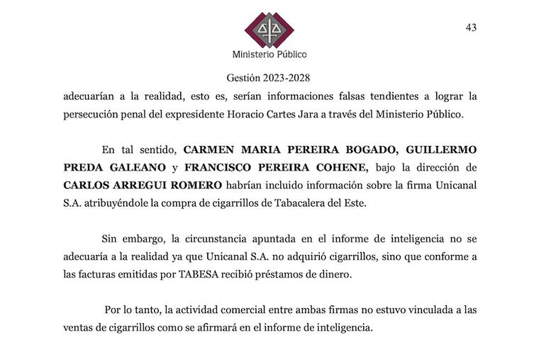 El acta de imputación donde los fiscales Cantero y Grisetti afirman que dentro del informe de inteligencia se incorporaron hechos contra Cartes y sus empresas que son informaciones falsas y tergiversadas, como la compra de cigarrillos por Unicanal