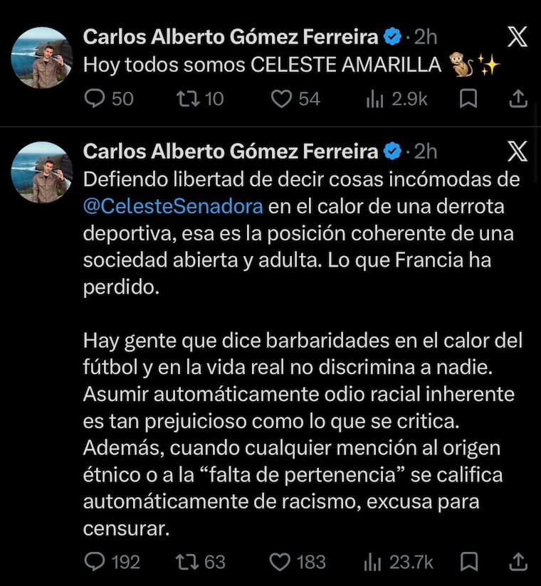Carlos Gómez respalda expresiones de Celeste Amarilla a Kylian Mbappé.