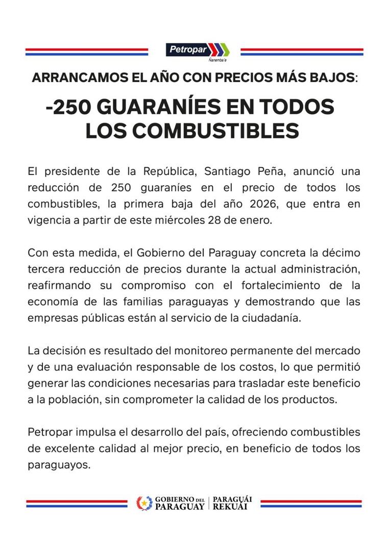 Comunicado de la reducción de los combustibles.