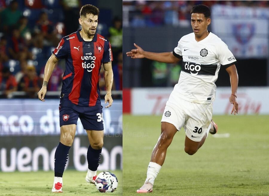 Gastón Giménez, medio­campista de Cerro Porteño y Hugo Adrián Benítez, delan­tero de Olimpia.FOTO: NACIÓN MEDIA