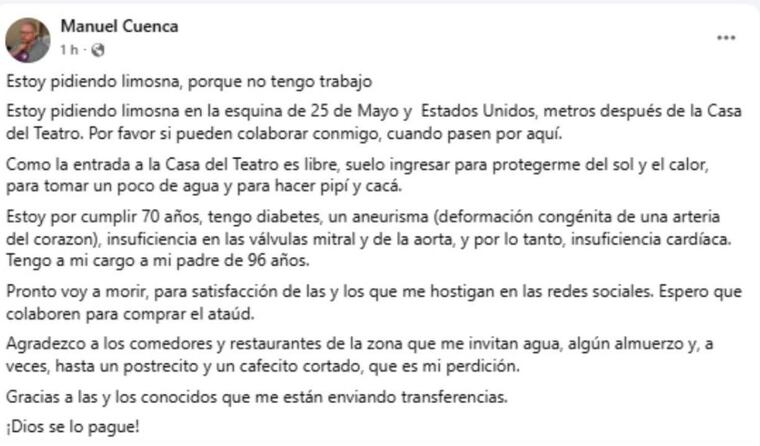 Captura del post de Manuel Cuenca en el que asegura no tener trabajo.